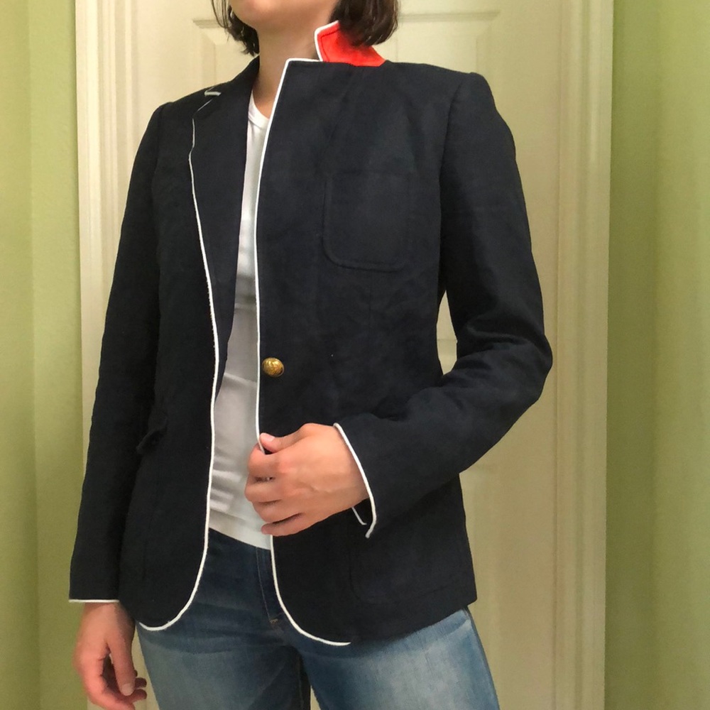 Dark navy linen jacket blazer with white piping